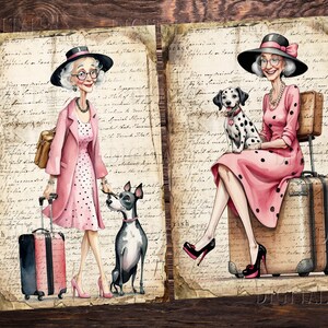 Puede incluir: Dos ilustraciones de mujeres con perros y maletas. Las mujeres llevan vestidos rosas con lunares negros y sombreros. Una mujer camina con un perro blanco y negro y tira de una maleta. La otra mujer est&aacute; sentada en una maleta con un d&aacute;lmata.