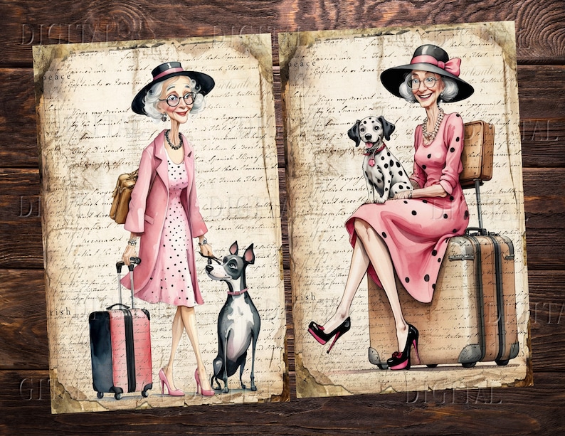 Puede incluir: Dos ilustraciones de mujeres con perros y maletas. Las mujeres llevan vestidos rosas con lunares negros y sombreros. Una mujer camina con un perro blanco y negro y tira de una maleta. La otra mujer est&aacute; sentada en una maleta con un d&aacute;lmata.
