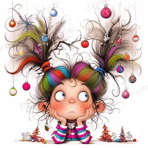 May include: A digital illustration of a character with messy, multi-colored hair styled in two high pigtails. The hair is decorated with various hanging Christmas ornaments in red, blue, orange, and pink. The character wears a striped shirt.