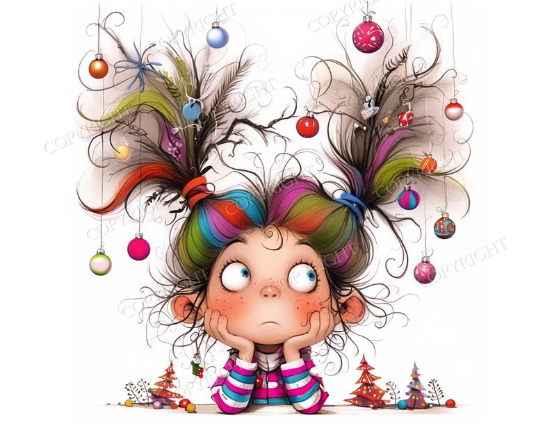 May include: A digital illustration of a character with messy, multi-colored hair styled in two high pigtails. The hair is decorated with various hanging Christmas ornaments in red, blue, orange, and pink. The character wears a striped shirt.