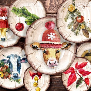 Fazenda Natal Fussy Cut - Anel de árvore e colagem de madeira de vacas de Natal divertidas, PDF