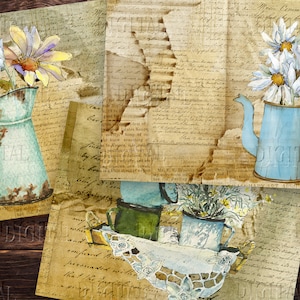 May include: A collage of vintage paper with handwritten text and watercolor illustrations of blue and white floral arrangements in blue and green watering cans.