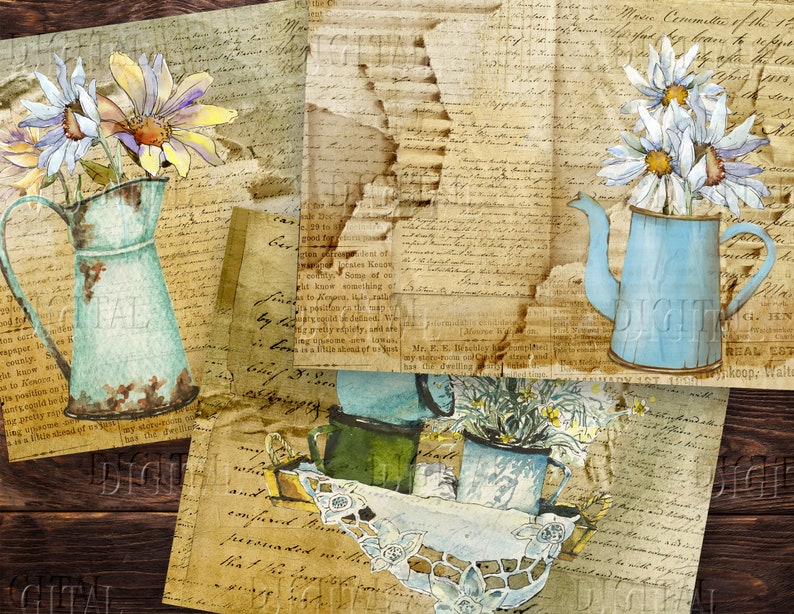 May include: A collage of vintage paper with handwritten text and watercolor illustrations of blue and white floral arrangements in blue and green watering cans.