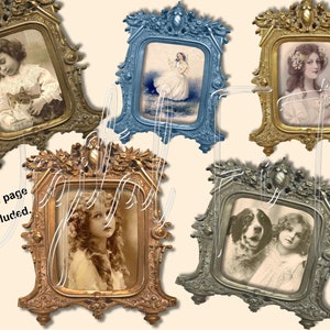 May include: Five ornate antique picture frames with various designs and finishes. Each frame contains a vintage photograph of a child or young woman.