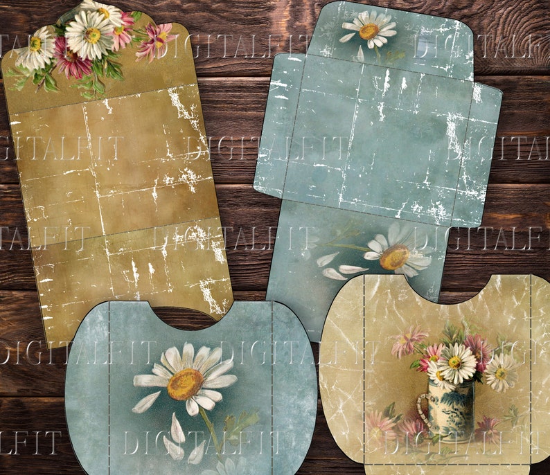 May include: Four printable vintage style gift card envelopes with floral designs. The envelopes are in shades of blue, brown, and white. The envelopes are decorated with daisies and other flowers.