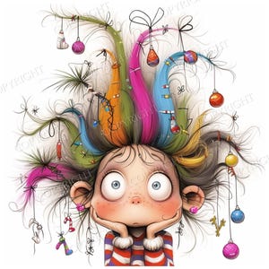 May include: A cartoon illustration of a character with wide eyes and messy, multi-colored hair styled upward. The hair is decorated with various hanging Christmas ornaments, including spheres, candy canes, and small figures, against a white background.