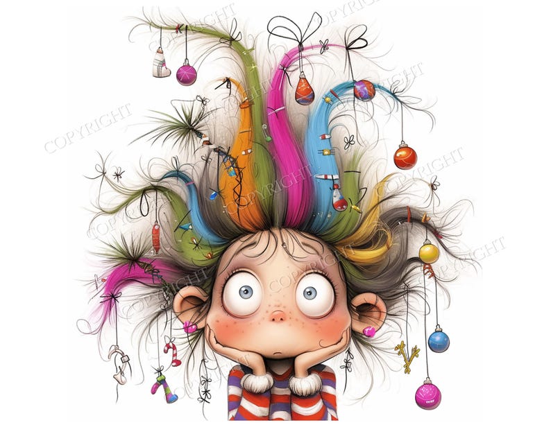 May include: A cartoon illustration of a character with wide eyes and messy, multi-colored hair styled upward. The hair is decorated with various hanging Christmas ornaments, including spheres, candy canes, and small figures, against a white background.