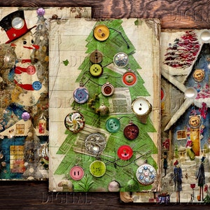 Three vintage Christmas cards with a snowman, a Christmas tree decorated with buttons, and a house with a snowy roof. The cards are decorated with glitter and have a distressed look. DigitalFit Etsy store: https://www.etsy.com/shop/DigitalFit