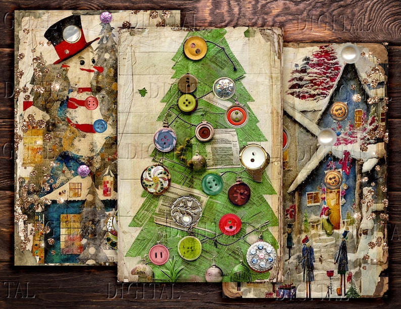 Three vintage Christmas cards with a snowman, a Christmas tree decorated with buttons, and a house with a snowy roof. The cards are decorated with glitter and have a distressed look. DigitalFit Etsy store: https://www.etsy.com/shop/DigitalFit