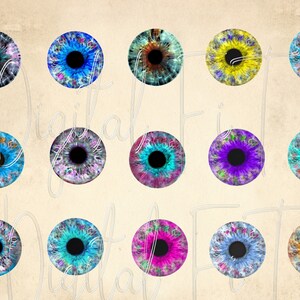 May include: A set of 15 digital eye illustrations in various colors, including blue, green, purple, pink, and yellow. The eyes have a realistic look with detailed irises and pupils.