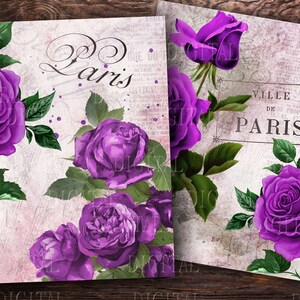 May include: Purple roses with green leaves on a white background with the text "Paris" and "Ville de Paris".