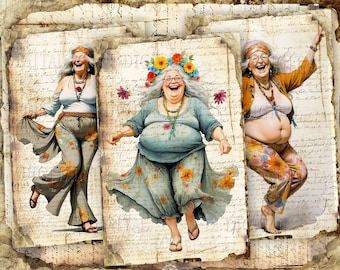 Hippie Old Lady Junk Journal Pages: Funny Women Art (PDF)