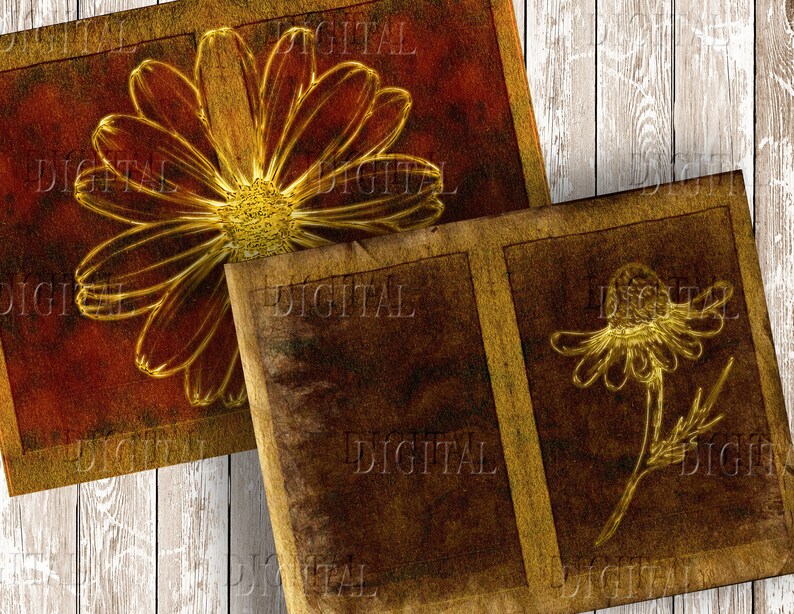 May include: Two vintage-style frames with a brown background and gold accents. Each frame features a golden outline of a daisy flower.