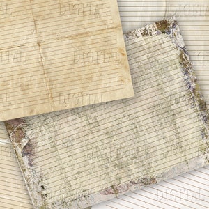 May include: Four sheets of lined paper with a distressed, vintage look. The paper is a light beige color with brown lines. The edges of the paper are slightly frayed and the surface has a subtle texture.