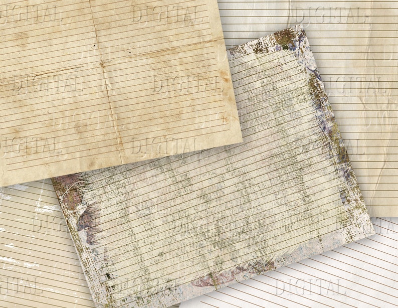May include: Four sheets of lined paper with a distressed, vintage look. The paper is a light beige color with brown lines. The edges of the paper are slightly frayed and the surface has a subtle texture.