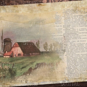 Peut inclure: Une illustration vintage d'un moulin &agrave; vent et d'une ferme &agrave; toit rouge dans un cadre rural. L'image est imprim&eacute;e sur du papier textur&eacute; avec un aspect d&eacute;lav&eacute; et antique.