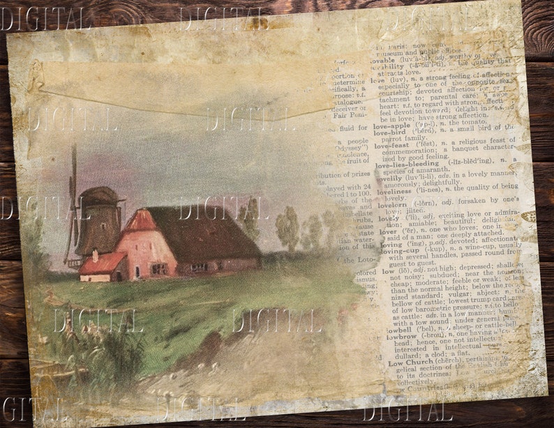 Peut inclure: Une illustration vintage d'un moulin &agrave; vent et d'une ferme &agrave; toit rouge dans un cadre rural. L'image est imprim&eacute;e sur du papier textur&eacute; avec un aspect d&eacute;lav&eacute; et antique.