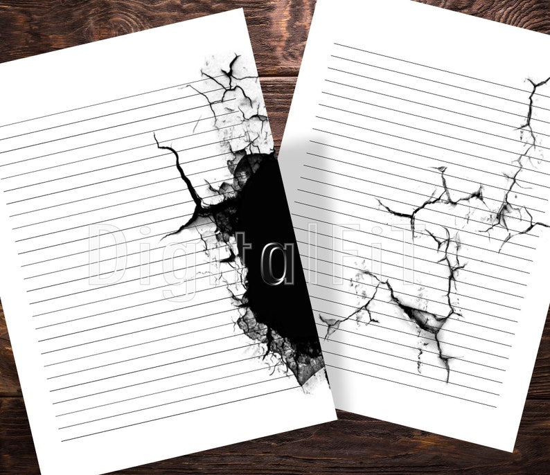 May include: Two sheets of lined paper with a black cracked effect on the edges. The cracks are like a broken wall.