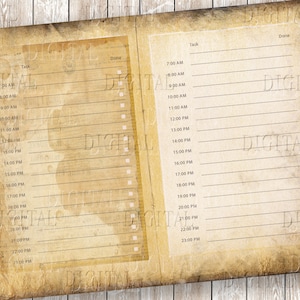 May include: A vintage-style daily planner with a distressed paper background. The planner has two columns, one for tasks and one for marking tasks as done. The planner is divided into hourly time slots from 7:00 AM to 11:00 PM.