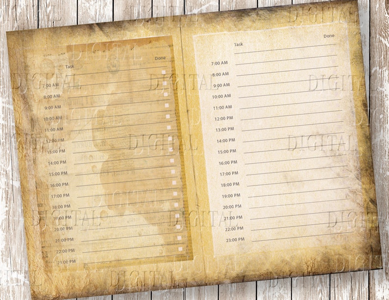 May include: A vintage-style daily planner with a distressed paper background. The planner has two columns, one for tasks and one for marking tasks as done. The planner is divided into hourly time slots from 7:00 AM to 11:00 PM.