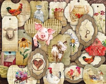 Country Living Farm Life  Printable Ephemera, 50 Tags, Labels, Envelopes, Pockets, Cards, PDF