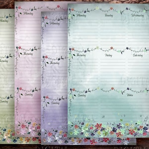 May include: Three printable weekly planner pages with floral borders. Each page has a different colour background: green, pink, and purple. The pages are labelled with the days of the week: Monday, Tuesday, Wednesday, Thursday, Friday, Saturday, Sunday. The last page has a section for notes.