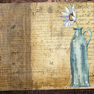 May include: A watercolor painting of a blue ceramic pitcher with a single white flower. The pitcher is on a background of old, handwritten paper with faded text.