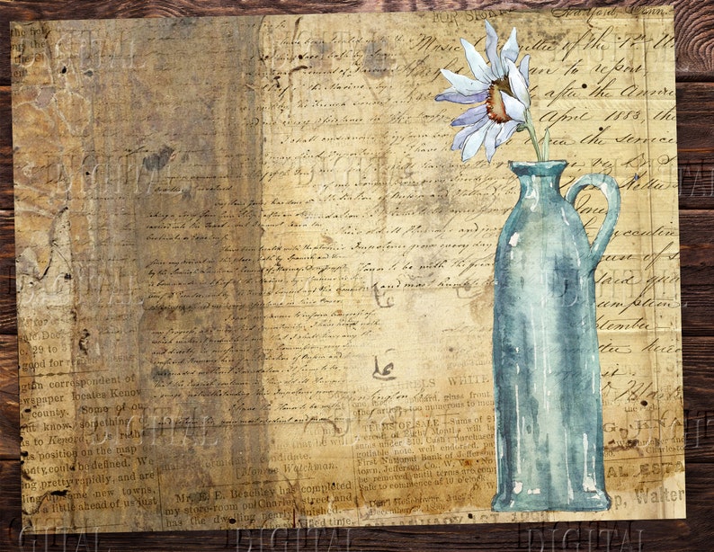 May include: A watercolor painting of a blue ceramic pitcher with a single white flower. The pitcher is on a background of old, handwritten paper with faded text.