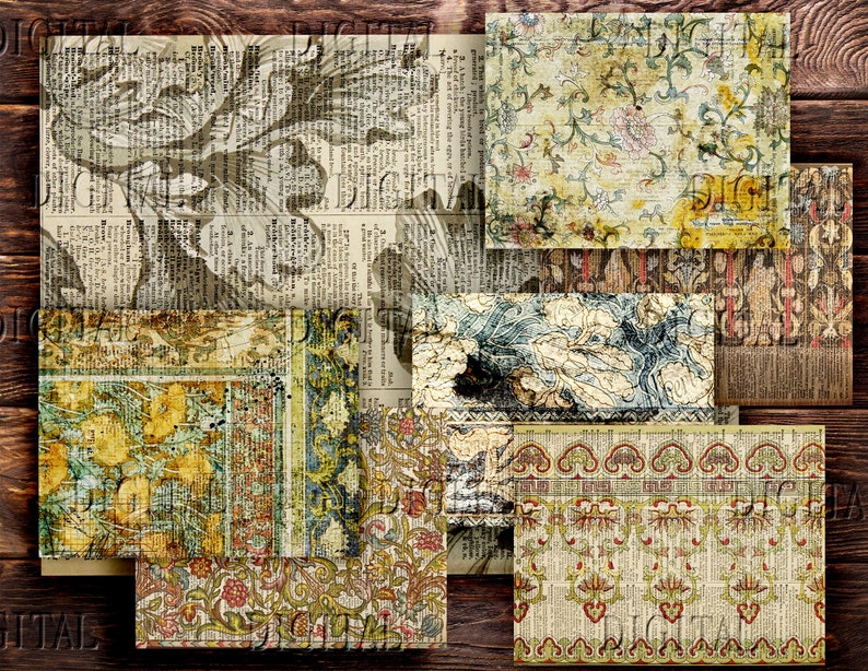 May include: A collection of eight vintage digital paper textures featuring intricate floral patterns, faded text, and a distressed, aged look. The papers are perfect for scrapbooking, card making, and other craft projects.