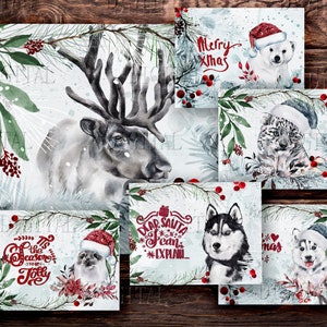 Animales navideños en acuarela, arte digital navideño, 7 páginas imprimibles, citas navideñas, PDF