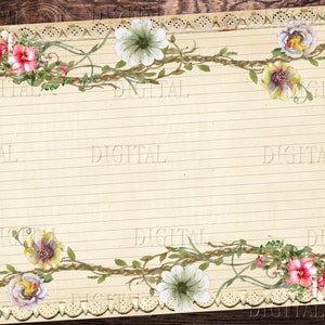 May include: A vintage-style lined paper background with a floral border. The border features delicate white and green flowers, pink and yellow flowers, and green vines. The paper has a light brown color and is lined with thin, horizontal lines.