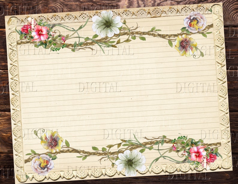 May include: A vintage-style lined paper background with a floral border. The border features delicate white and green flowers, pink and yellow flowers, and green vines. The paper has a light brown color and is lined with thin, horizontal lines.