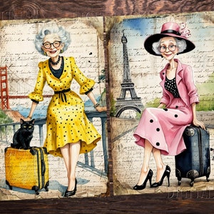 Puede incluir: Dos mujeres con atuendos elegantes con maletas y mascotas. Una mujer lleva un vestido amarillo con lunares negros y sostiene un gato negro. La otra mujer lleva un vestido rosa con lunares negros y un sombrero. Ella sostiene un chihuahua.