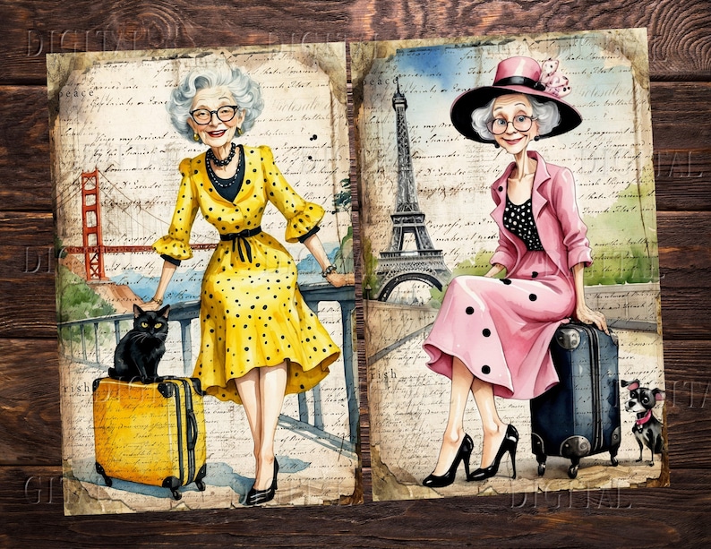 Puede incluir: Dos mujeres con atuendos elegantes con maletas y mascotas. Una mujer lleva un vestido amarillo con lunares negros y sostiene un gato negro. La otra mujer lleva un vestido rosa con lunares negros y un sombrero. Ella sostiene un chihuahua.