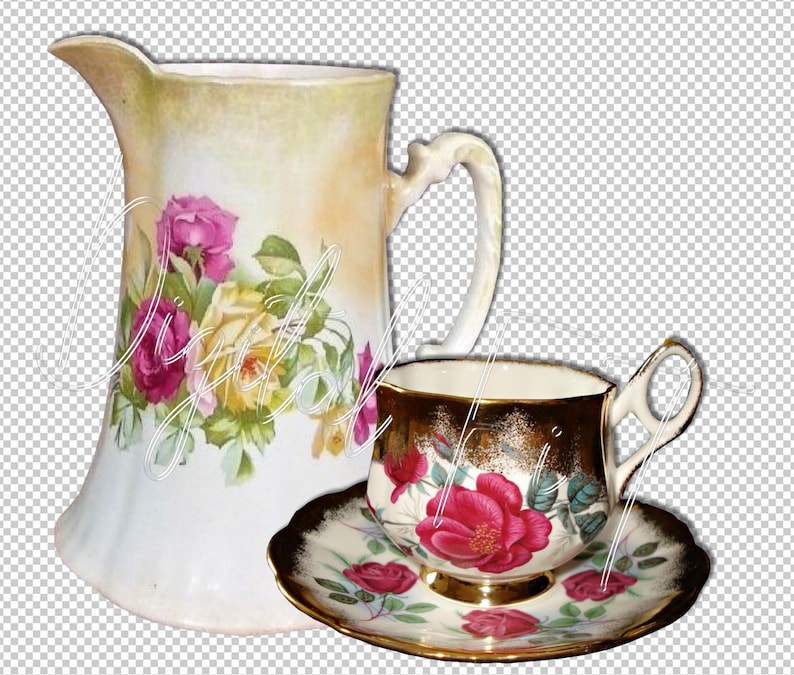 K&ouml;nnte beinhalten: Ein Vintage-Porzellan-Krug und -Teetassen-Set mit Blumendesigns. Der Krug hat ein gelbes, cremefarbenes und rosafarbenes Blumenmuster. Die Teetasse und die Untertasse haben einen goldenen Rand und ein rotes Rosenmuster.