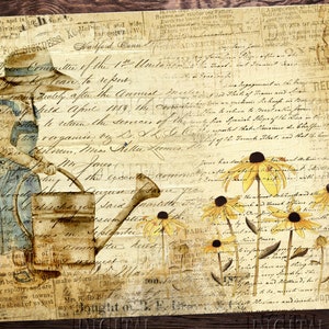 K&ouml;nnte beinhalten: Eine Illustration im Vintage-Stil einer Person, die einen Garten mit einer Gie&szlig;kanne bew&auml;ssert. Das Bild ist vor dem Hintergrund alten, verblassten Zeitungstextes gesetzt. Der Text enth&auml;lt die W&ouml;rter "FOR SICKDESS" und "Hartford, Conn.". Es gibt auch gelbe Blumen mit schwarzen Zentren im Bild.