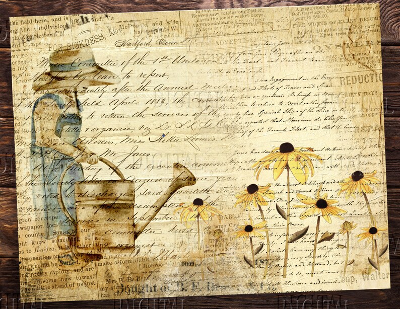 K&ouml;nnte beinhalten: Eine Illustration im Vintage-Stil einer Person, die einen Garten mit einer Gie&szlig;kanne bew&auml;ssert. Das Bild ist vor dem Hintergrund alten, verblassten Zeitungstextes gesetzt. Der Text enth&auml;lt die W&ouml;rter "FOR SICKDESS" und "Hartford, Conn.". Es gibt auch gelbe Blumen mit schwarzen Zentren im Bild.