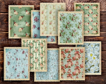 May include: A set of 10 digital paper patterns featuring floral designs in shades of blue, green, and pink. The patterns are framed with a decorative border.