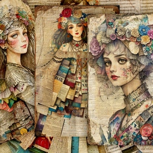 Wunderliche Mädchen, Collage Papierset, Collage Ephemera, 14 x 21 cm, 10 Junk Journal Digitale Seiten, PDF