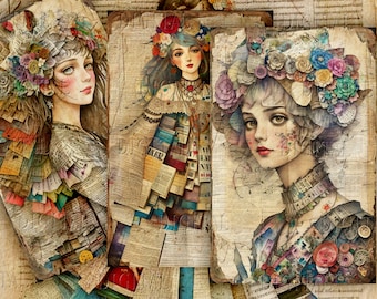 Whimsical Girls, Collage Paper Pack,  Collage Ephemera,  5.5 x 8.5", 10 Junk Journal Digital Pages, PDF