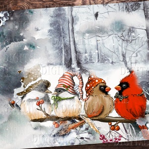 Páginas de diario basura de Feliz Año Nuevo, pájaros y muñecos de nieve de invierno, papel digital para álbumes de recortes, hojas de collage navideño, PDF