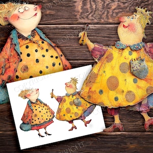 May include: Whimsical folk art dolls with exaggerated features. The dolls wear colorful dresses with polka dots and carry accessories. A print of the dolls is also included, all set against a rustic wooden background.