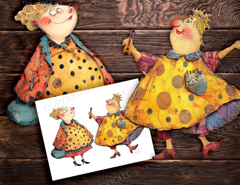 May include: Whimsical folk art dolls with exaggerated features. The dolls wear colorful dresses with polka dots and carry accessories. A print of the dolls is also included, all set against a rustic wooden background.