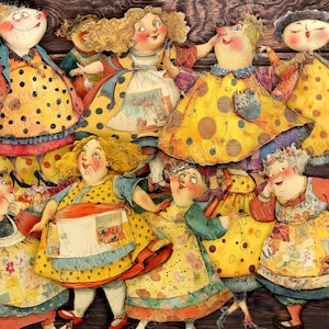 May include: A whimsical illustration featuring a group of cartoonish figures in colorful dresses with polka dots and floral patterns. The figures have rosy cheeks and are set against a dark wood-grain background.