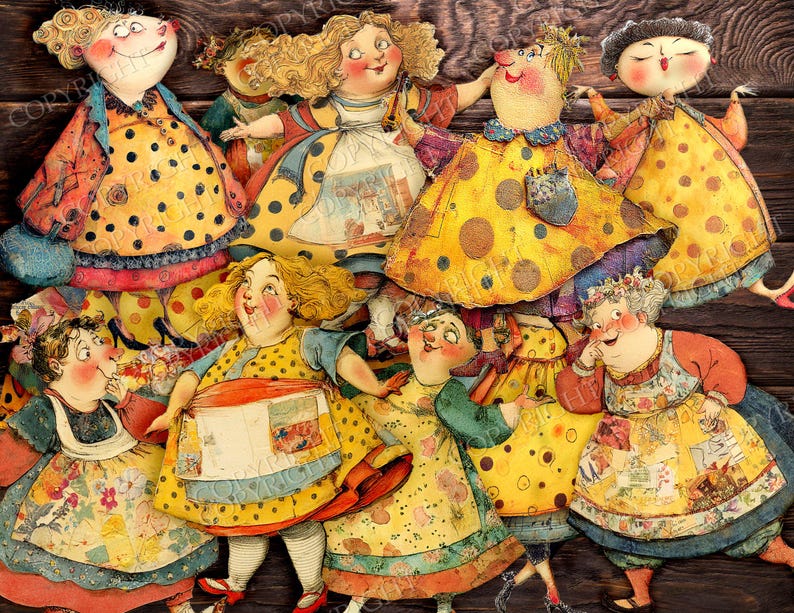 May include: A whimsical illustration featuring a group of cartoonish figures in colorful dresses with polka dots and floral patterns. The figures have rosy cheeks and are set against a dark wood-grain background.