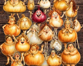 Quirky Onion Paper Dolls,  23 Whimsical Onion Ladies, Junk Journal Ephemera Digital Download