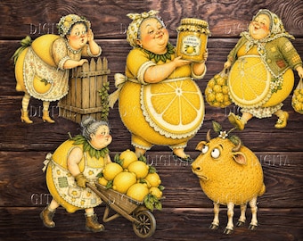 Funny Lemon Ladies, Whimsical Quirky Granny, Paper Dolls Printable, Junk Journal Ephemera, PDF, JPG