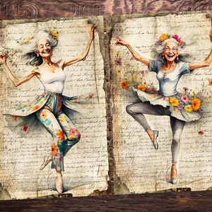 Two watercolor illustrations of an elderly woman dancing joyfully. She wears floral pants and a white top in one image, and a tutu adorned with flowers in the other. Both images are set against a backdrop of aged paper with handwritten text. DigitalFit Etsy Store: https://www.etsy.com/shop/DigitalFit