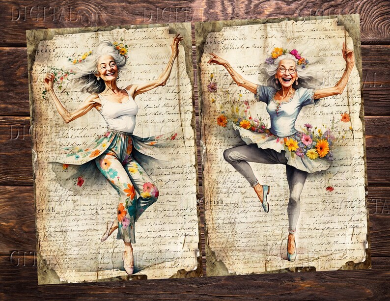 Two watercolor illustrations of an elderly woman dancing joyfully. She wears floral pants and a white top in one image, and a tutu adorned with flowers in the other. Both images are set against a backdrop of aged paper with handwritten text. DigitalFit Etsy Store: https://www.etsy.com/shop/DigitalFit