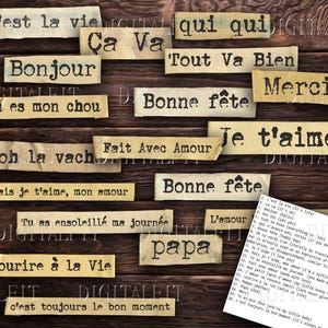 May include: A collection of vintage paper scraps with French phrases printed on them, such as "c'est la vie", "bonjour", "je t'aime", and "bonne fete". The scraps are arranged on a wooden background.